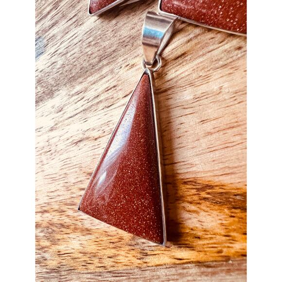 Vintage Sterling Silver Goldstone Pendant & Earrings Set Triangle Shape Boho - Picture 3 of 10
